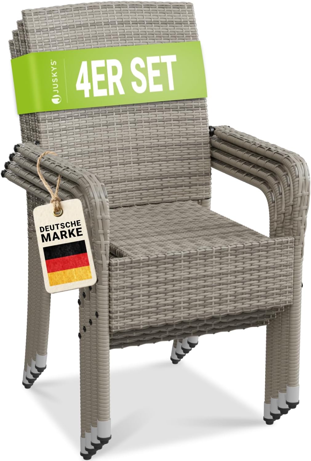 Juskys Polyrattan Gartenstühle Yoro 4er Set mit Armlehnen & Rückenlehne, Rattan Stuhl Garten, 4 Stühle stapelbar, Stapelstuhl Grau-meliert