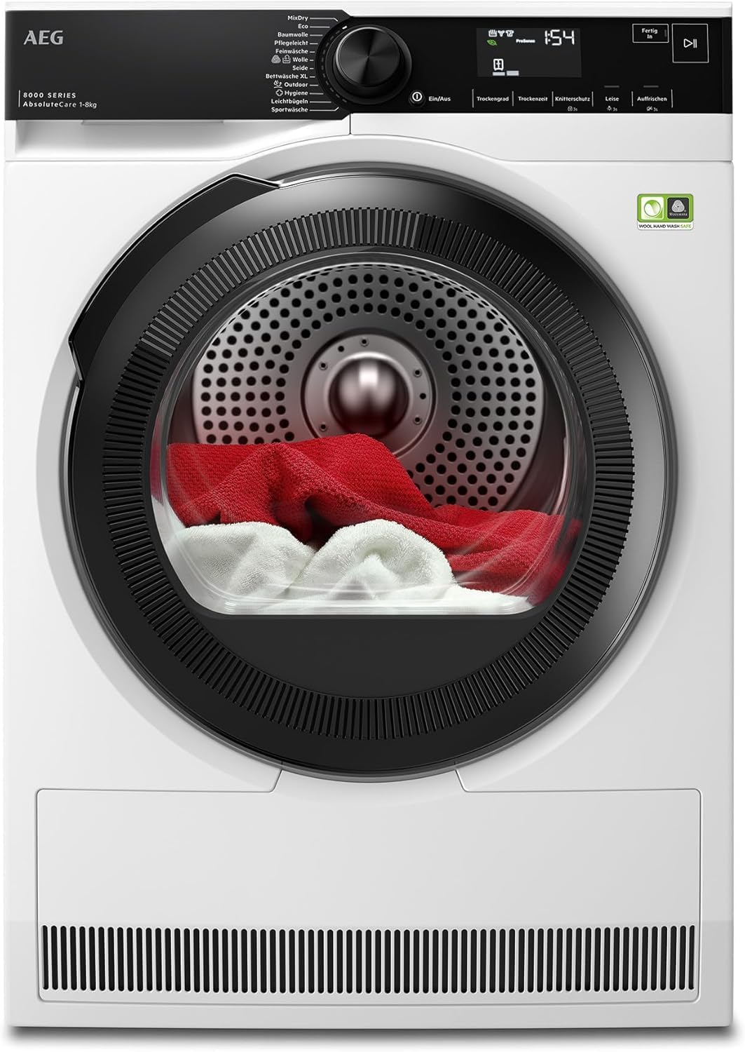 AEG Wärmepumpentrockner 8kg, TR8T75780, Testsieger der Stiftung Warentest 2025, neue Energiekl. B, Serie 8000 AbsoluteCare Wolle- & Seidetrocknung