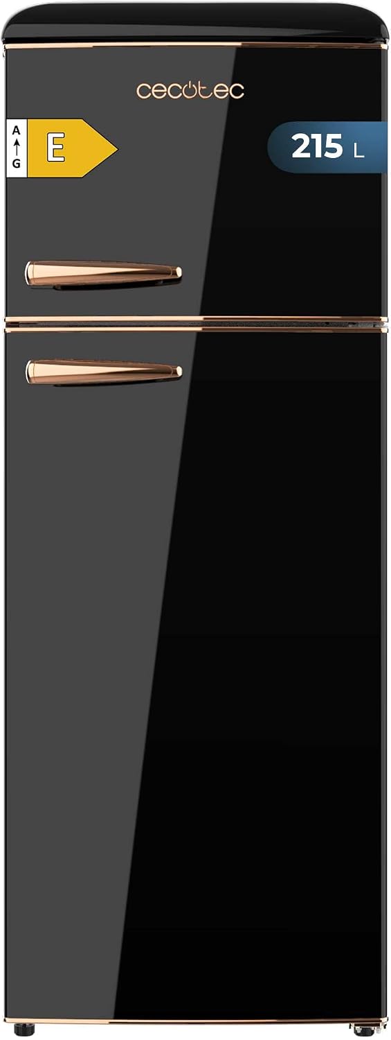 Cecotec Bolero CoolMarket 2D Origin 215 Black E Kühlschrank mit 2 Türen, 215 l, Höhe 148,2 cm und 55,2 cm Breite, Licht, verchromter Griff, Glasfächer