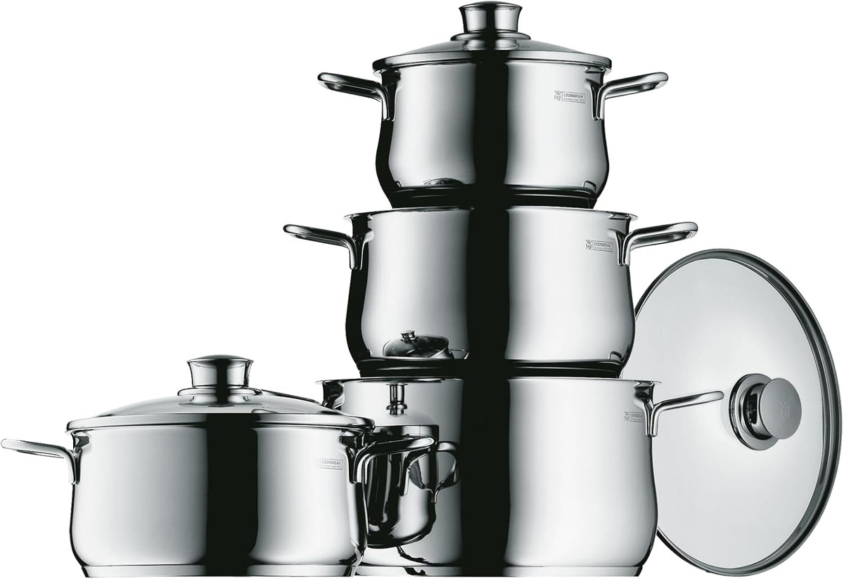 WMF Diadem Plus Topfset Induktion 4-teilig, Kochtopf Set mit Glasdeckel, Cromargan Edelstahl poliert, Induktions Töpfe Set unbeschichtet