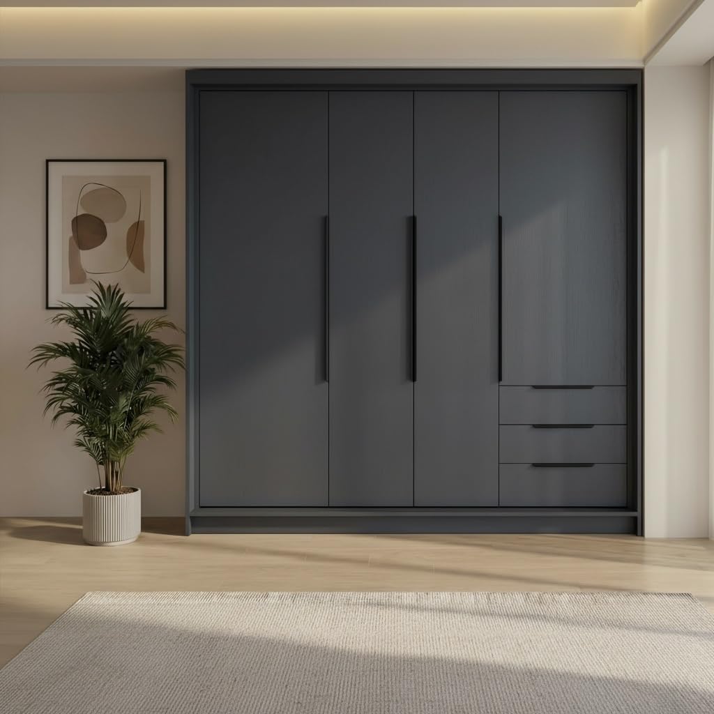 A&J MöbelLand KLARI Kleiderschrank 4-türig mit 3 Schubladen, 200 x 215 cm, Drehtürenschrank mit Kleiderstange und Einlegeböden