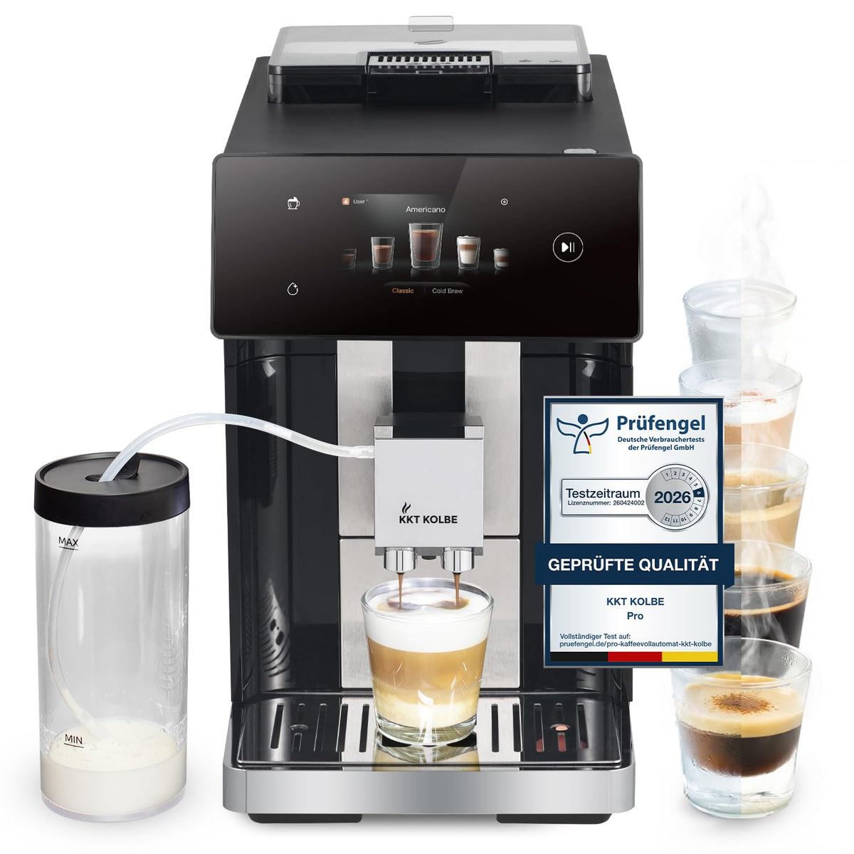 KKT KOLBE Pro Kaffeevollautomat mit Milchbehälter, 7-stufiges Mahlwerk, Milchschaumdüse und Zubehör, 2 Tassen Funktion, 15 Bar, TFT Touchscreen