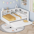 Plattformbett mit Ausziehbett 140x200cm(90x190cm), Ohne Matratze, Ausziehbares Schlafsofa Tagesbett mit Bücherregal & USB Ladefunktion, Weiß
