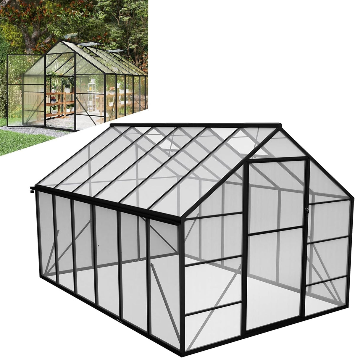 LZQ Gartengewächshaus Aluminium mit Fundament 380x250x205 cm Gewächshaus Pflanzenhaus mit Schiebetür und Dachfenster Treibhaus Gartenhaus Winterfest