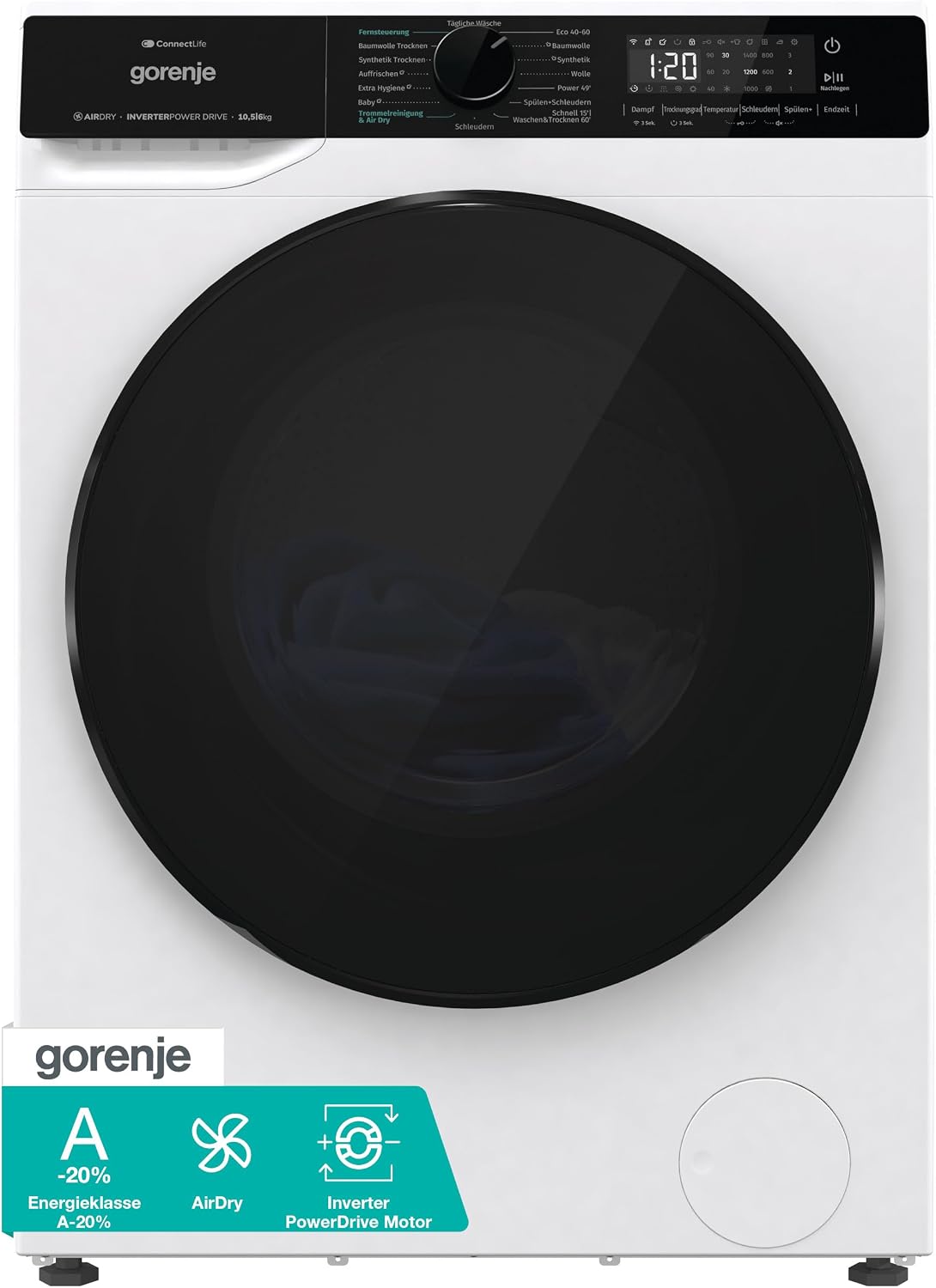 Gorenje WD2PA1X64ADW/DE Waschtrockner, A-20%, 10,5 kg waschen, 6kg trocknen, 54 Liter, 1400 U/min, Connect Life, 16 Programme, Total AquaStop