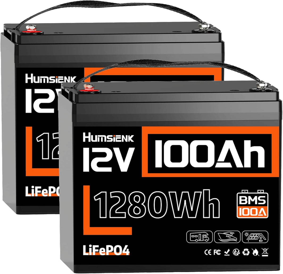 Humesienk 2 Stücke 12V 100Ah LiFePO4 Batterie, 3840Wh Lithium Solarbatterien mit 100A BMS & Tieftemperaturschutz, für Wohnmobile, bis zu 15.000 Zyklen