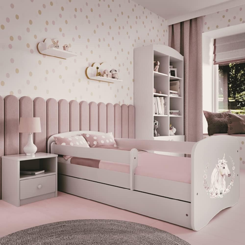 Kids Collective Kinderbett 80x160 cm mit Rausfallschutz, Lattenrost & Schublade in weiß 80x160 Mädchen Bett rosa Pferd