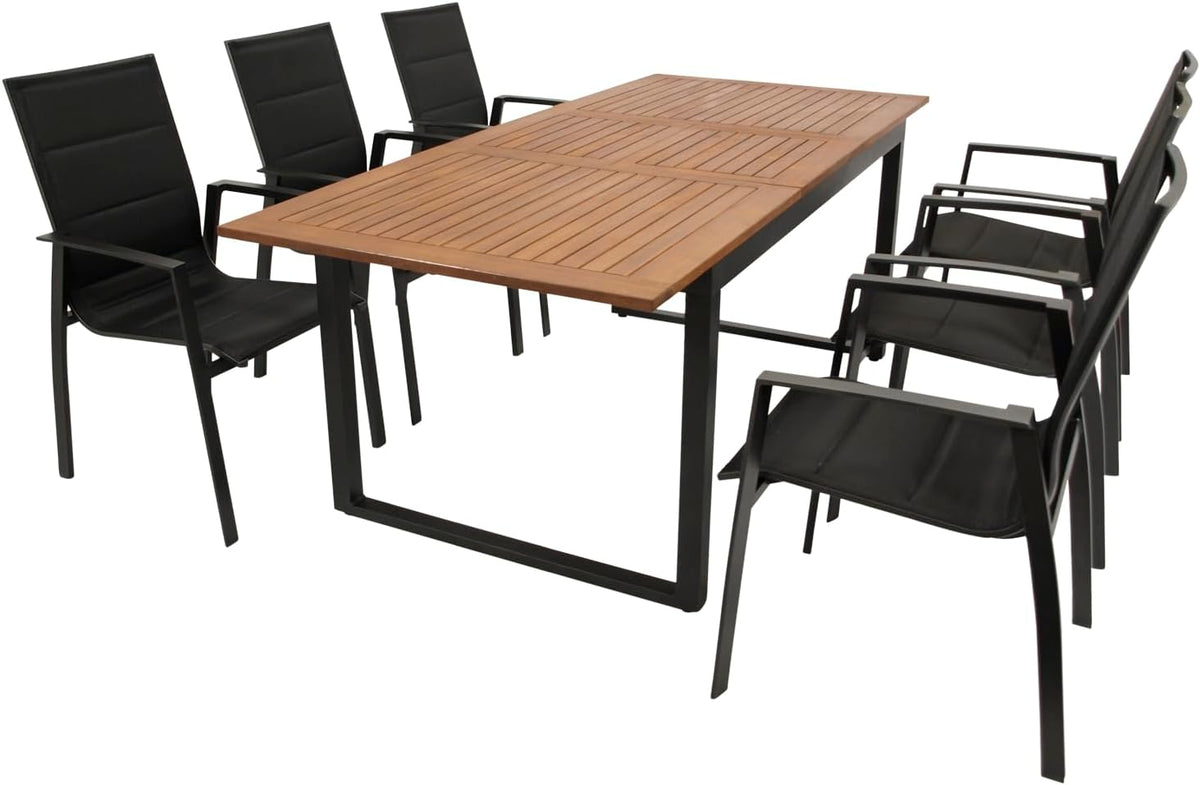 DEGAMO Gartenset Garnitur RIVELLO 7-teilig (6X Stapelsessel, 1x Ausziehtisch 150/200x90cm), Alu anthrazit + Akazie geölt