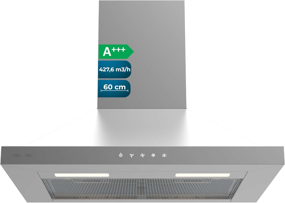 Cecotec Bolero Flux PT 604000 Dunstabzugshaube, 60 cm, Edelstahl A+++ Saugleistung 427,6 m³/h, 3 Geschwindigkeiten, SS Touch Control, Edelstahl-Finish