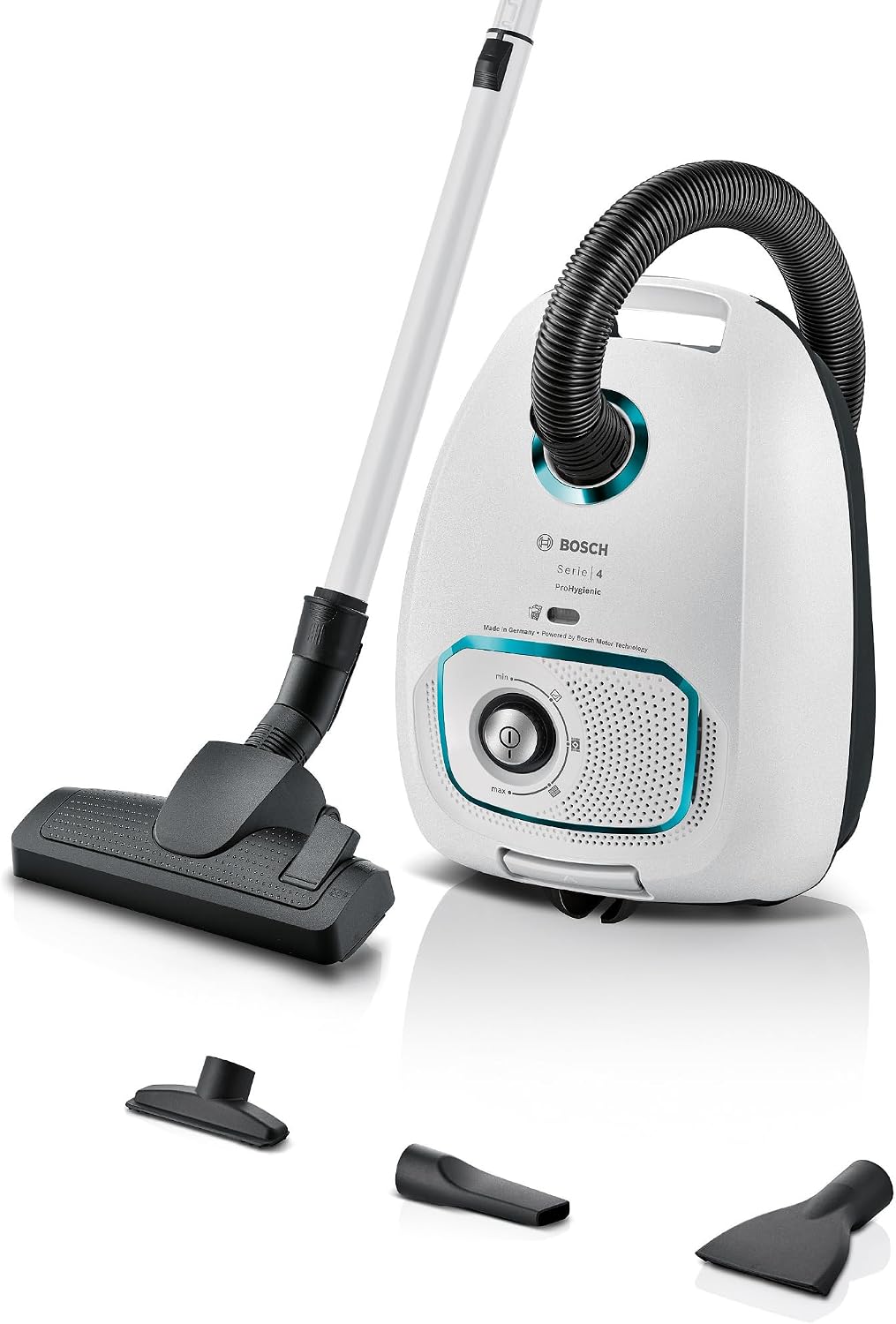 Bosch Staubsauger mit Beutel Serie 4 ProHygienic BGD41HYG, 600 W, für Allergiker, Hygiene-Filter, 10 Jahre Motorgarantie, integriertes Zubehör, weiß