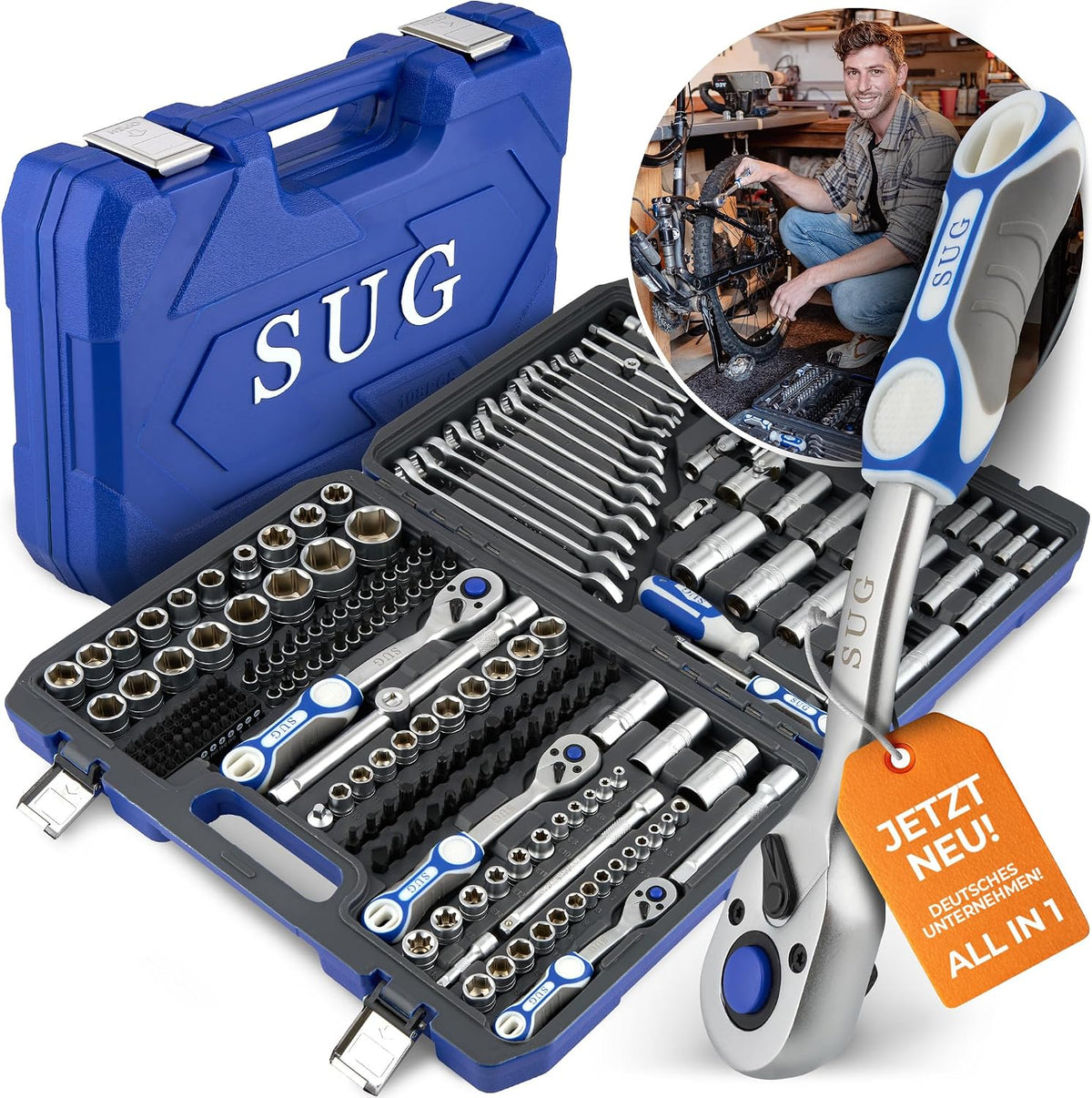SUG, Werkzeugkoffer gefüllt 216-tlg, Werkzeugkasten/Ratschenkasten für Haushalt & Werkstatt, Profi Steckschlüsselsatz 1/2, 1/4, 3/8 komplett bestückt