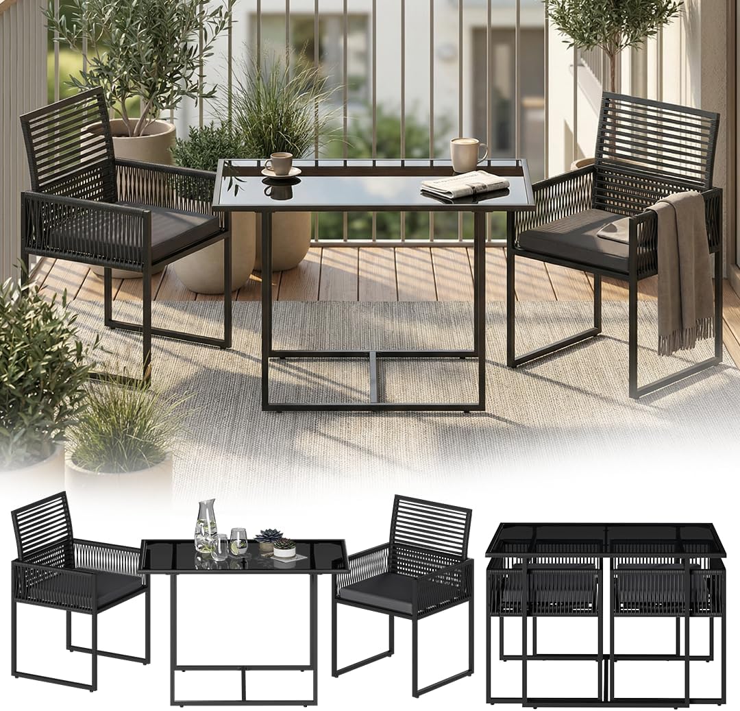 STEELSØN Kynaris Essgruppe 3-teilig schwarz, Balkonset mit 2 Stühlen und Tisch, Rattan Sitzgruppe mit klappbaren Stühlen, Gartengarnitur wetterfest