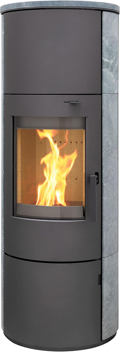 Kaminofen München XL Stahl gussgrau Speckstein 7kw Speicherofen Steinverkleidung Holzofen Dauerbrand geeignet Schwedenofen