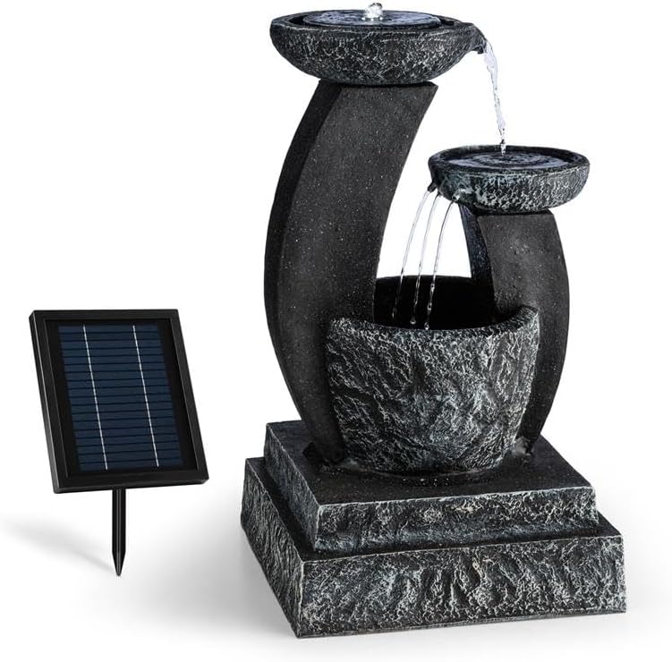 blumfeldt Fantaghiro Zierbrunnen mit Wasserspiel, 3 W Solarpanel, Gartenbrunnen, 3 Ebenen, integrierte Beleuchtung, unabhängig vom Stromnetz Dank Akku