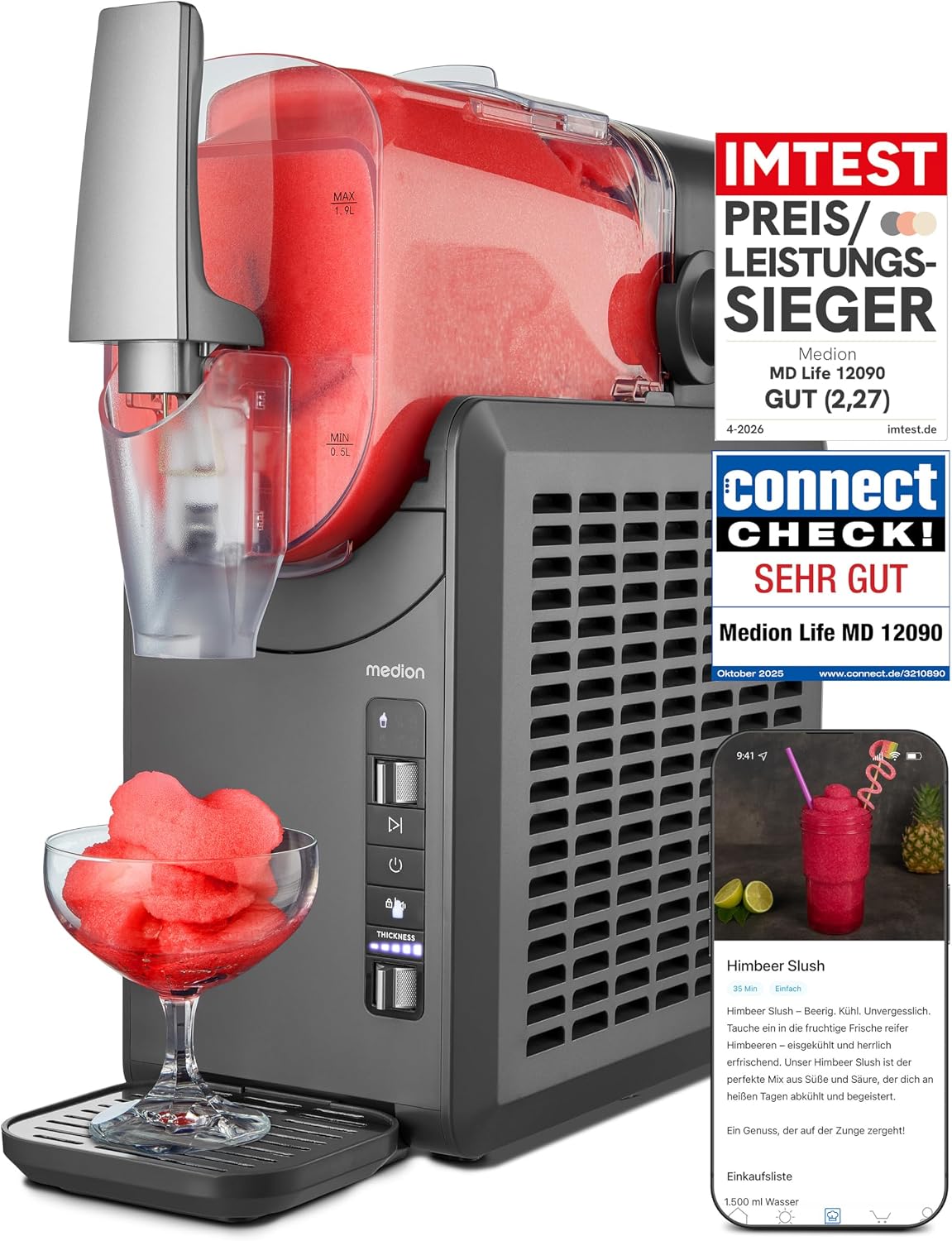 MEDION Slush Maschine (2,6 Liter Slush-Eis Kapazität, MD12090), 1,9 Liter Fassungsvermögen, Slush Ice Maker für Getränke, 5 Getränkemodi, Kompressor