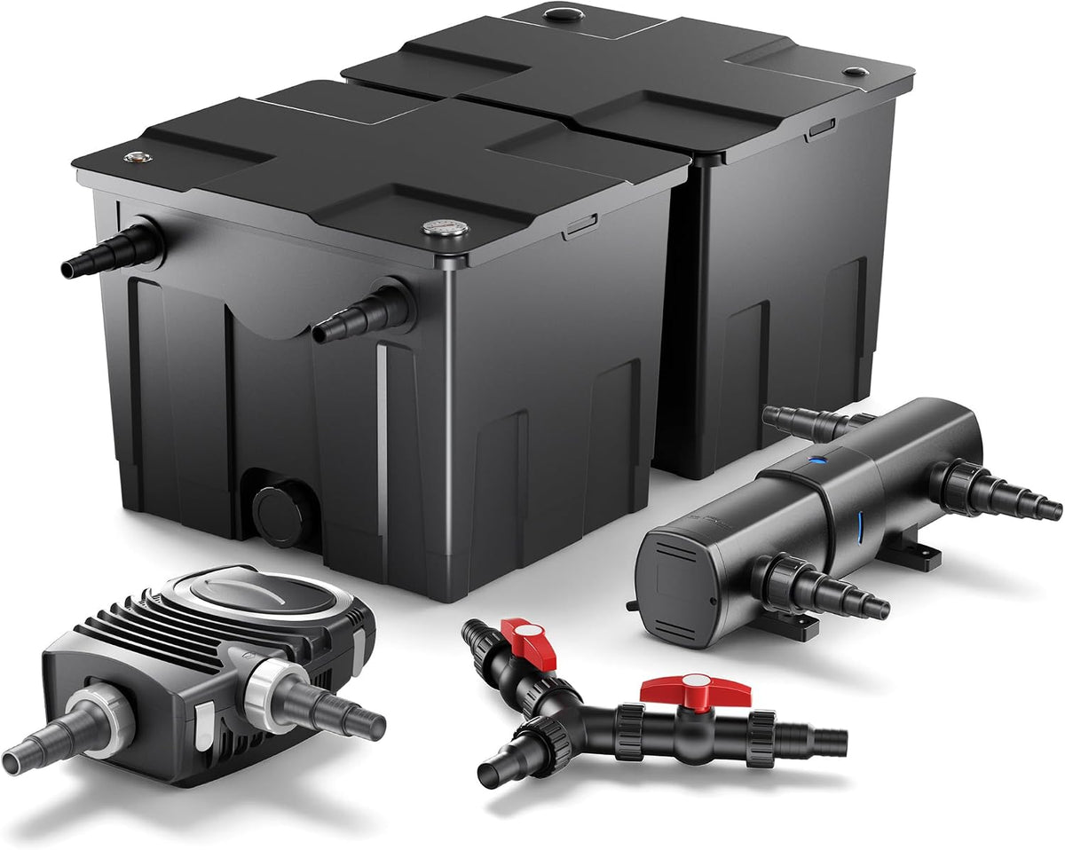 SunSun Komplettset: CBF-550 Teichfilter bis 60000 L Teichfilteranlage als Durchlauffilter, CUV-218 Teichklärer UVC Klärer mit 18W, NEO10000, 10000l/h
