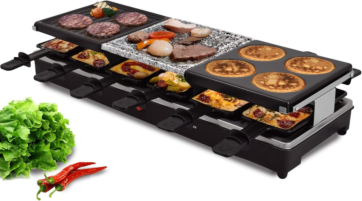 Syntrox Germany RAC-1350W-Oberwil Multifunktionelles Raclette mit Grill Platte, Pancake Platte und Heißer Stein für 12 Personen