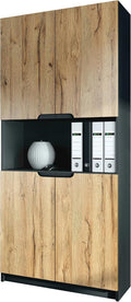 Vladon Büroschrank Logan V2, Schwarz matt/Eiche Natur (82 x 184 x 37 cm), Aktenschrank mit 5 Fächern und 4 Türen, Made in Germany