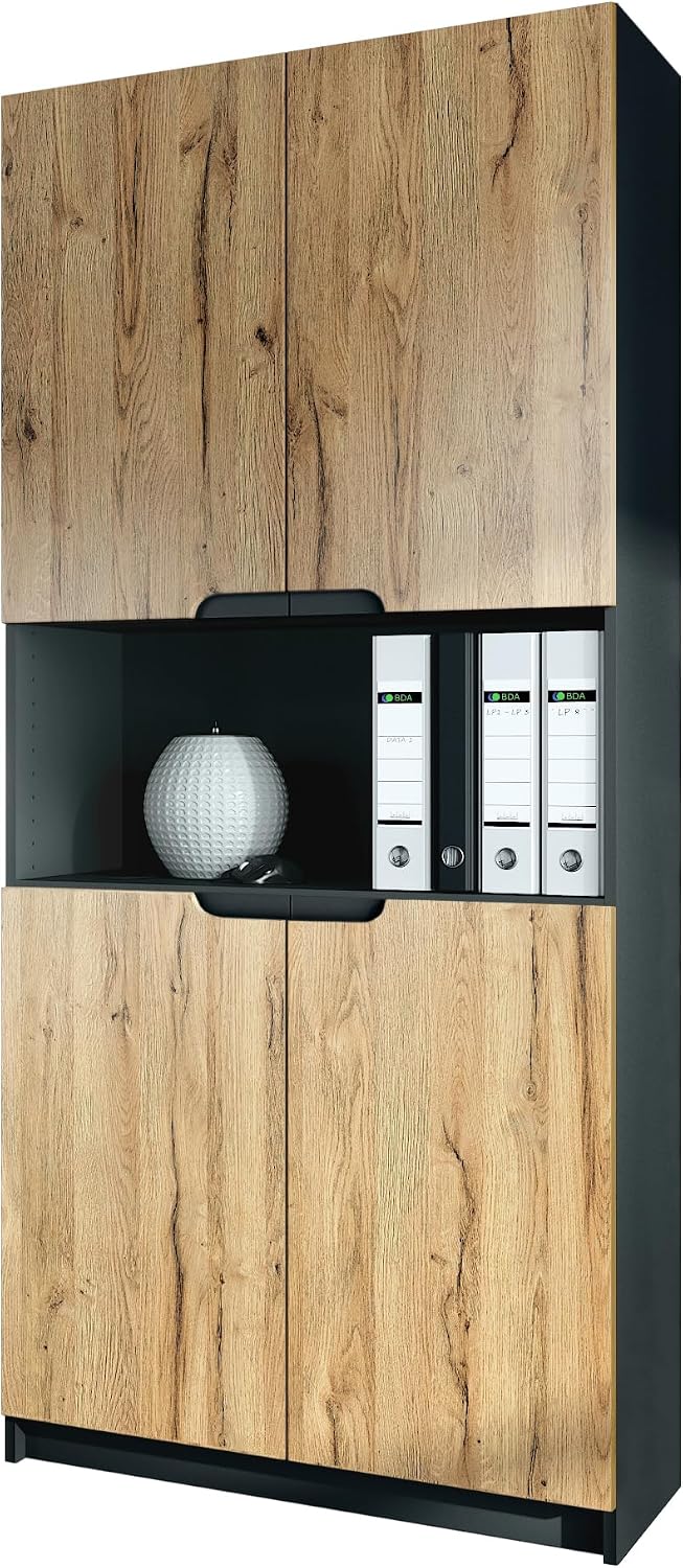 Vladon Büroschrank Logan V2, Schwarz matt/Eiche Natur (82 x 184 x 37 cm), Aktenschrank mit 5 Fächern und 4 Türen, Made in Germany