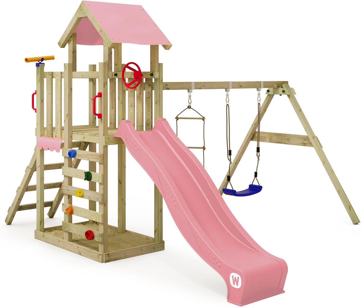 Wickey Spielturm Klettergerüst MultiFlyer Light, Outdoor Kinder Kletterturm mit Sandkasten, Leiter & Spiel-Zubehör für den Garten