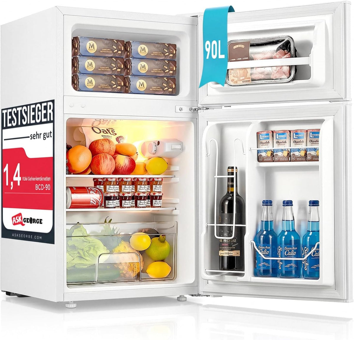 FOHERE 90L Kühlschrank mit Gefrierfach Klein, 7-Stufen Thermostat, 26 Liter Gefrierfach 64 Liter Kühlschrank für Schlafzimmer, 43 dB, für Wohnheime