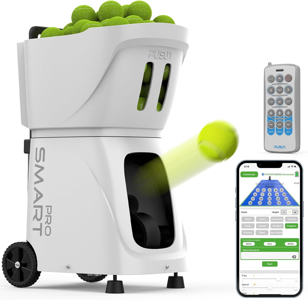 PT-SMARTPro Tennisballmaschine, intelligenter Tennistrainer mit Multi-Winkel-System (4-6H Laufzeit), 20 Landepunkten & variabler Geschwindigkeit