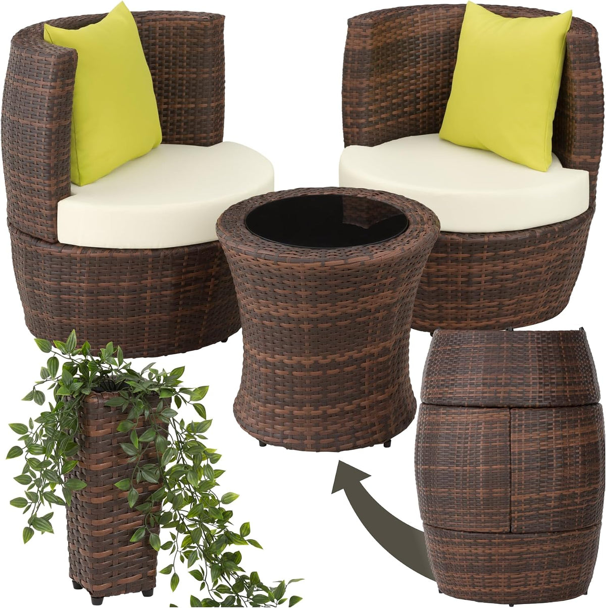 tectake Rattan Set 2 Personen, Outdoor Sitzgruppe mit 2X Stuhl, mit Polster Kissen, Balkonmöbel, Aluminium Gartenmöbel Set, 1 Beistelltisch rund, Vase