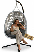 Luxus Hängesessel mit Gestell für Outdoor & Indoor, bis 150 kg belastbar, Ganzjähriger Loungesessel mit Sommer-/Winter-Wendebezug, faltbar, Grau