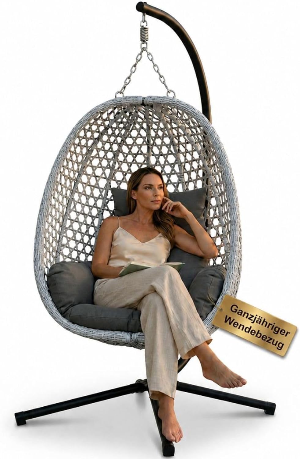 Luxus Hängesessel mit Gestell für Outdoor & Indoor, bis 150 kg belastbar, Ganzjähriger Loungesessel mit Sommer-/Winter-Wendebezug, faltbar, Grau
