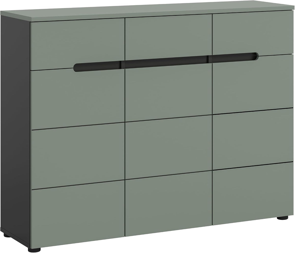 xonox.home, Schuhschrank Kommode Highboard Stauraumschrank, Schuhkommode Canu 120x94x37 cm in Korpus Basalt grau Nb. und Front Smoke Green Nb.