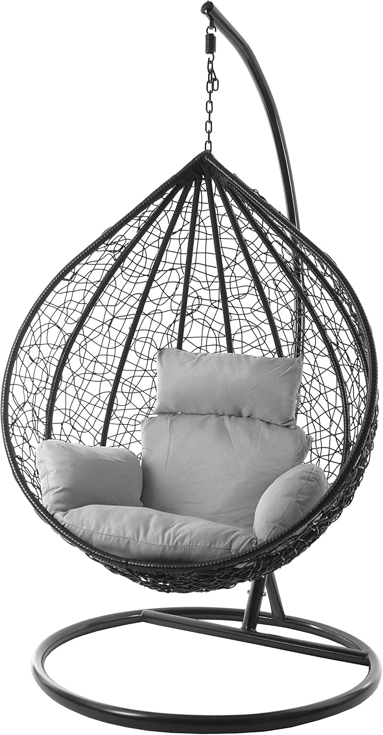 Kideo Komplettset: XXL Hängesessel mit Gestell & Kissen, Lounge Möbel, Poly-Rattan, schwarz, edel, groß (Kissen: Nest grau (8008 Cloud))
