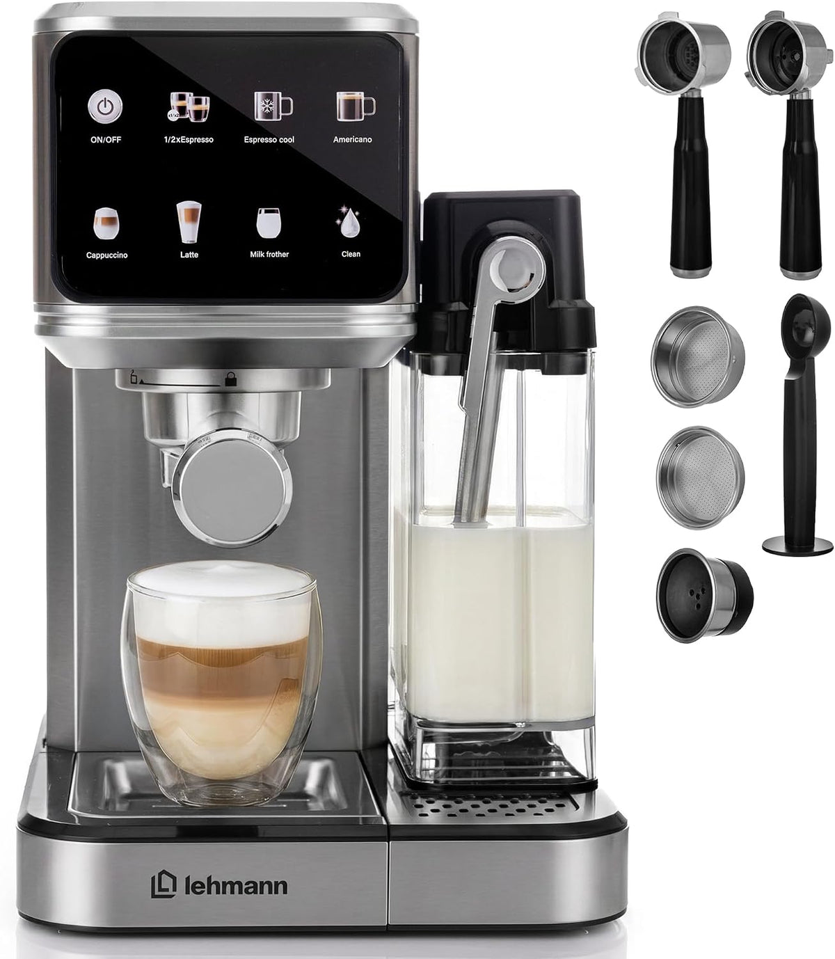 LEHMANN Siebträgermaschine 20 Bar, 7-in-1 Espressomaschine mit Milchtank