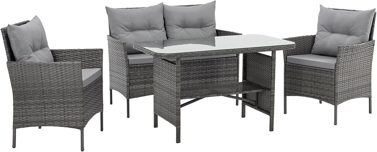 SVITA Dallas Gartensitzgruppe Polyrattan 4-teilig Outdoor Set mit 2 Sesseln 2er-Sofa & Esstisch Wetterfestes PE-Rattan Stahlrahmen & Sitzkissen Grau