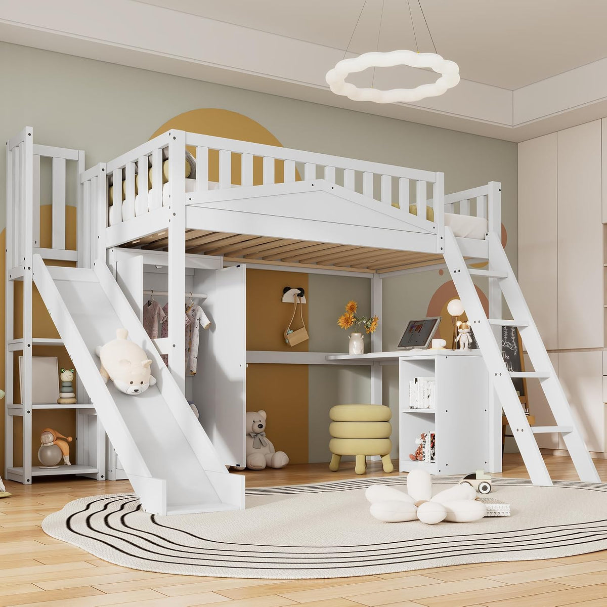 Kinderbett Etagenbett 90x200, Ohne Matratze, Hochbett Hausbett mit Rutsche, Einzelbett Holzbett Spielbett Jugendbett mit Lattenrost&Rausfallschutz