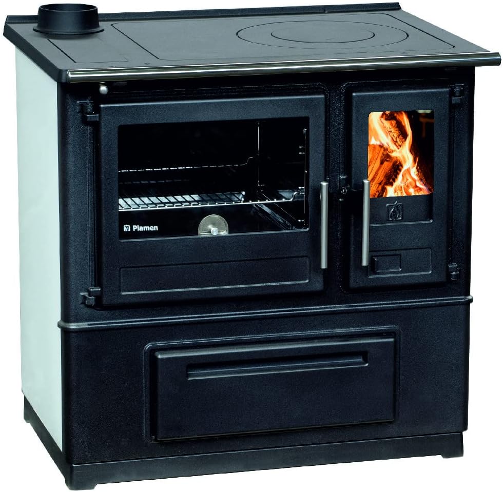 EEK A+ Küchenofen Holzherd Plamen Slavonac N weiß, 8 kW Dauerbrandherd, linke Version