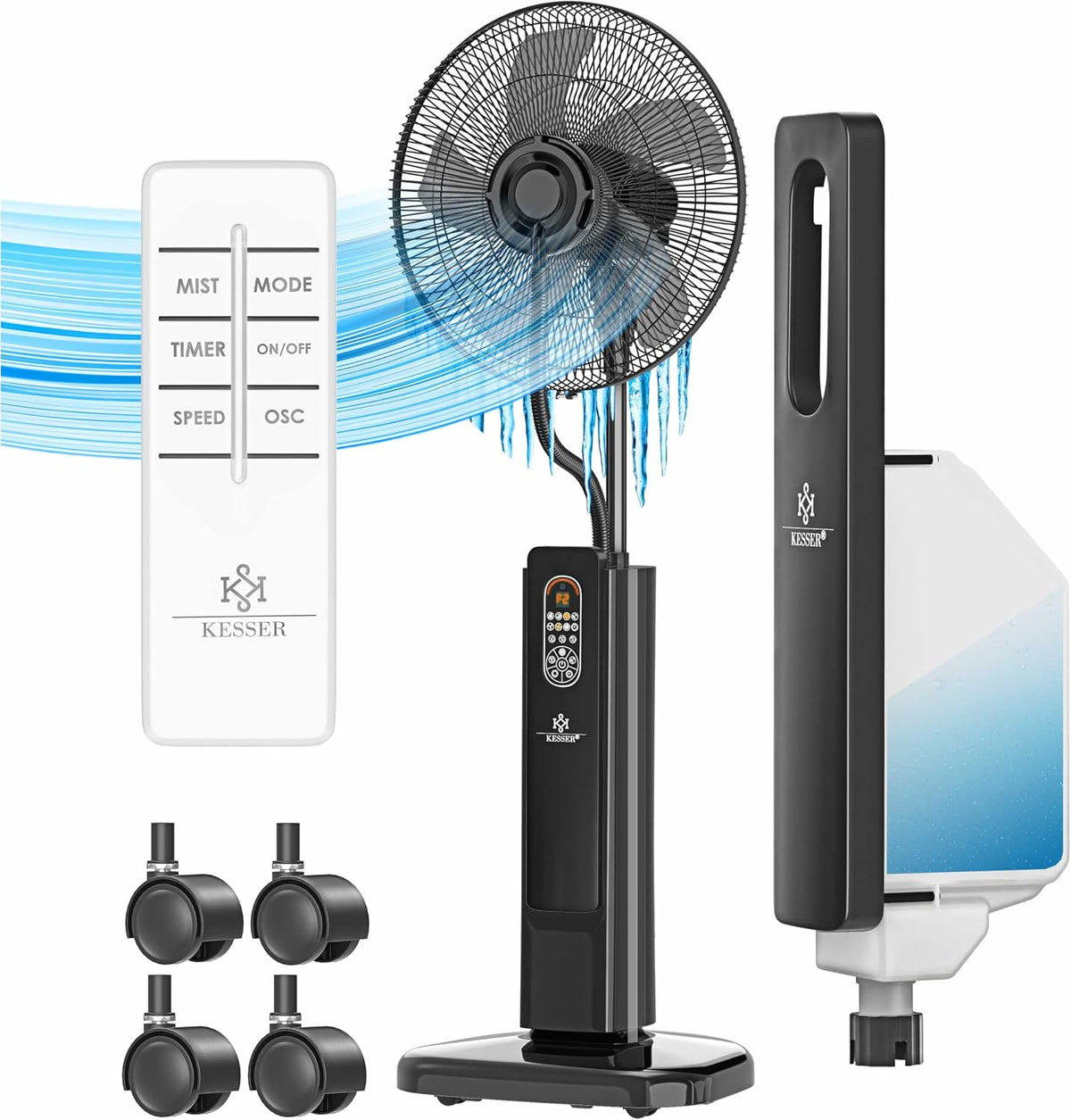 KESSER Stand-Ventilator Frosty mit Wasser Ultraschall-Sprühnebel Wasserkühlung, inkl. Fernbedienung Timer-Funktion, Luftbefeuchter Leise, Schwarz