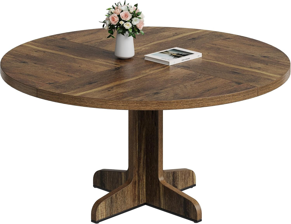 Runder Tisch, 120 cm, Holz Küchentisch für 4 bis 6 Personen, mit stabilem Sockel, für Esszimmer und Wohnzimmer, Runder Esstisch, Braun