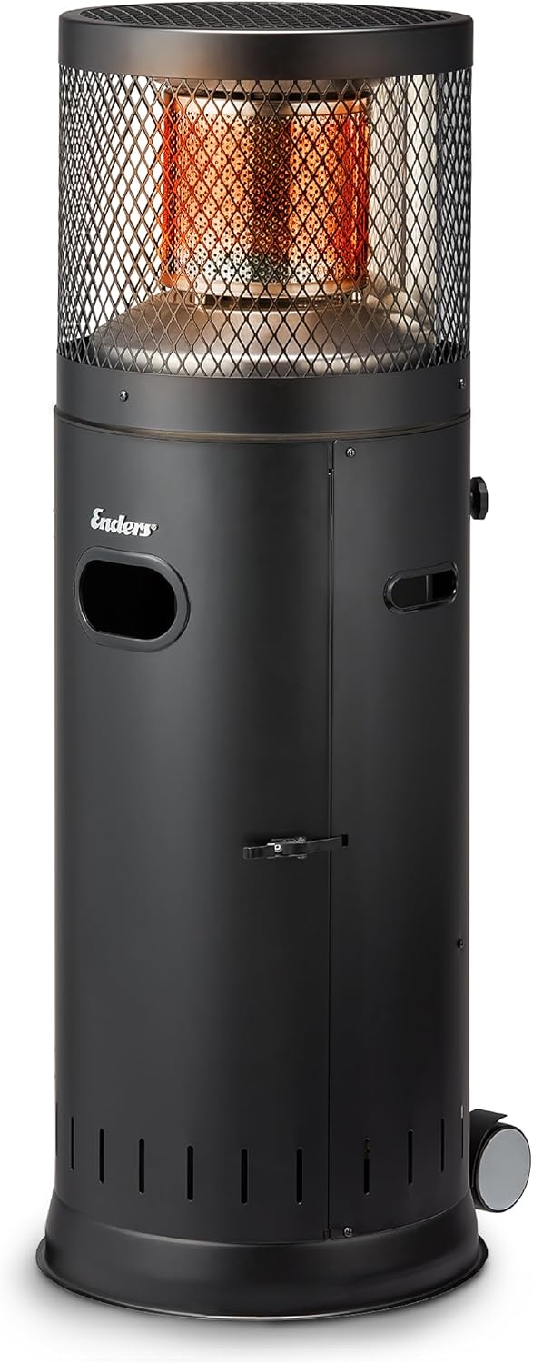 Enders Terrassenheizer Gas Polo Black 2.0, Gas-Heizstrahler, Terrassenstrahler mit stufenloser Regulierung, ENDUR Reflektionssystem, Transporträder