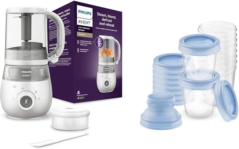 Set aus AVENT 4-in-1 Dampfgarer mit Mixer Premium, Modell SCF883/01 + Philips AVENT Aufbewahrungssystem für Muttermilch (Modell SCF618/10)