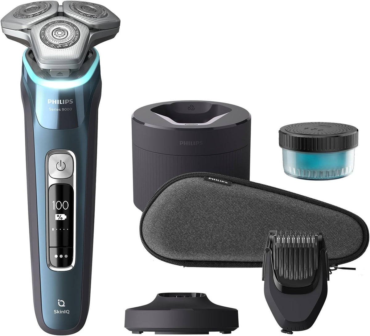 Philips Rasierer Series 9000, Reinigungsstation & Ladestation (Modell S9982/59), Elektrischer Nass- und Trockenrasierer, Eisblau, SkinIQ-Technologie