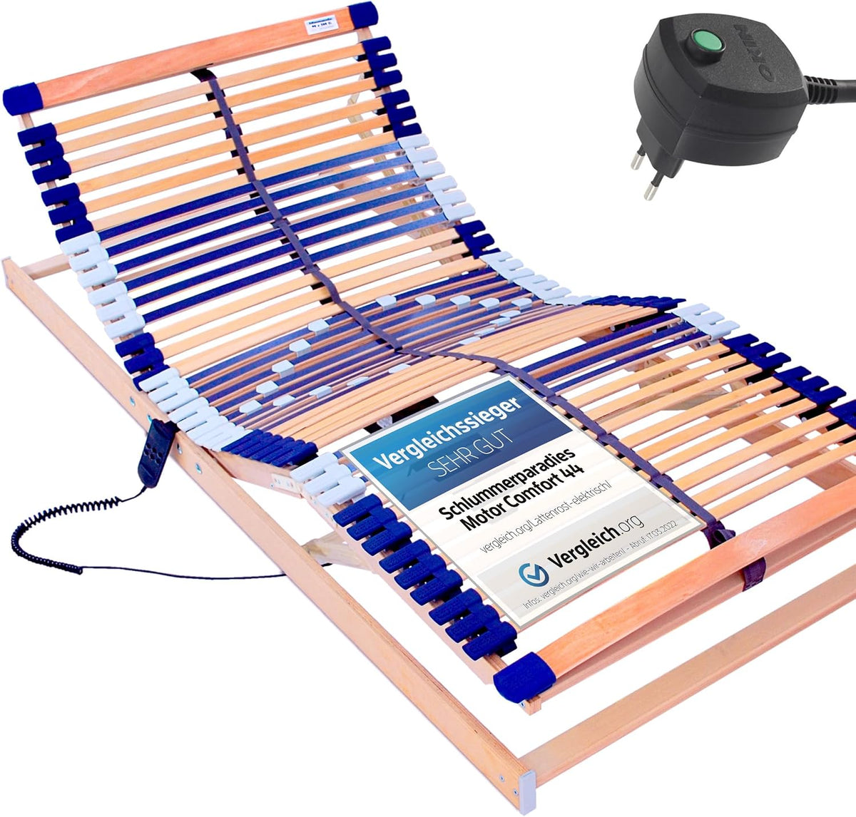 elektrischer Lattenrost 100% BUCHE, fertig montiert (90x200), Kopf- u. Fußteil elektrisch verstellbar, SCHULTERFRÄSUNG, 7 Zonen, 44 Federleisten