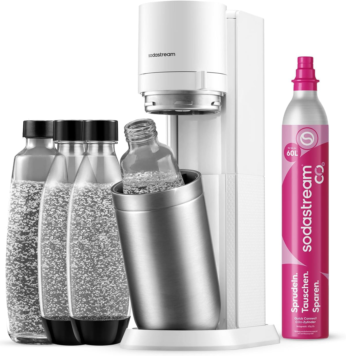 SodaStream Wassersprudler Duo mit CO2-Zylinder, 2X Glasflasche und 2X 1L spülmaschinenfeste Kunststoff-Flasche, Höhe: 44 cm, Weiß