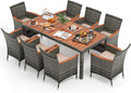 COSTWAY 9 TLG. Rattan Gartenmöbel Set, Sitzgruppe für 8 Personen, Gartentisch mit Tischplatte aus Akazienholz, 8 Stühle & Kissen, Terrassenmöbel Set