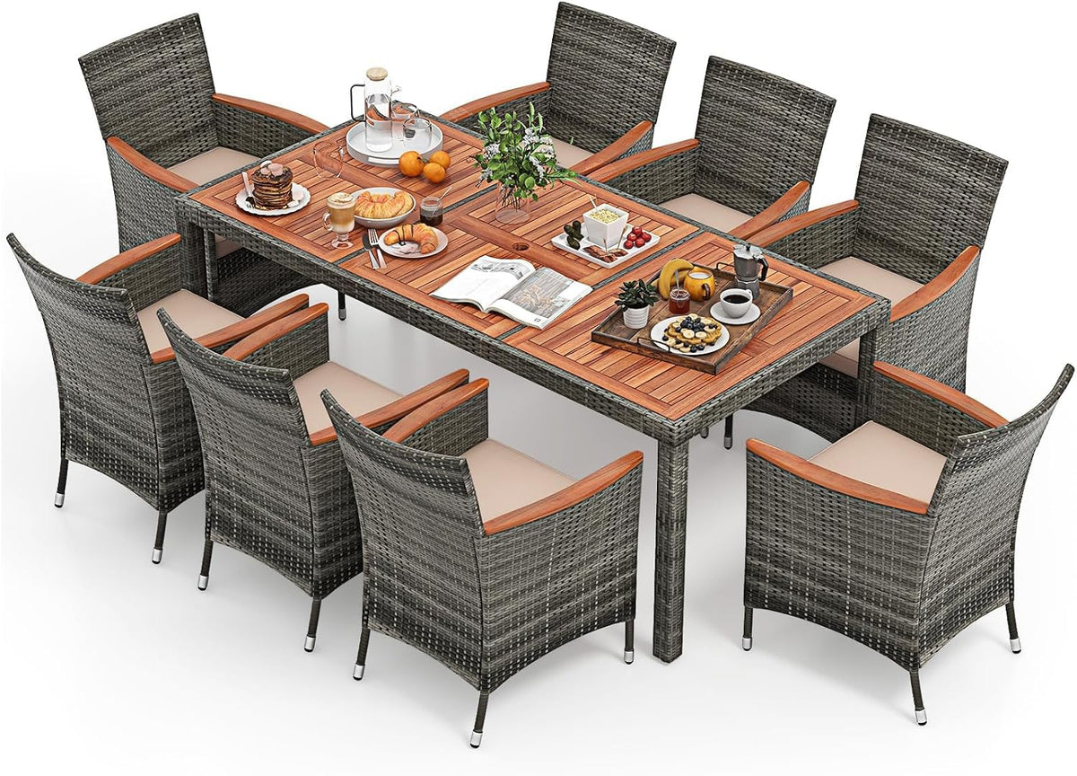 COSTWAY 9 TLG. Rattan Gartenmöbel Set, Sitzgruppe für 8 Personen, Gartentisch mit Tischplatte aus Akazienholz, 8 Stühle & Kissen, Terrassenmöbel Set
