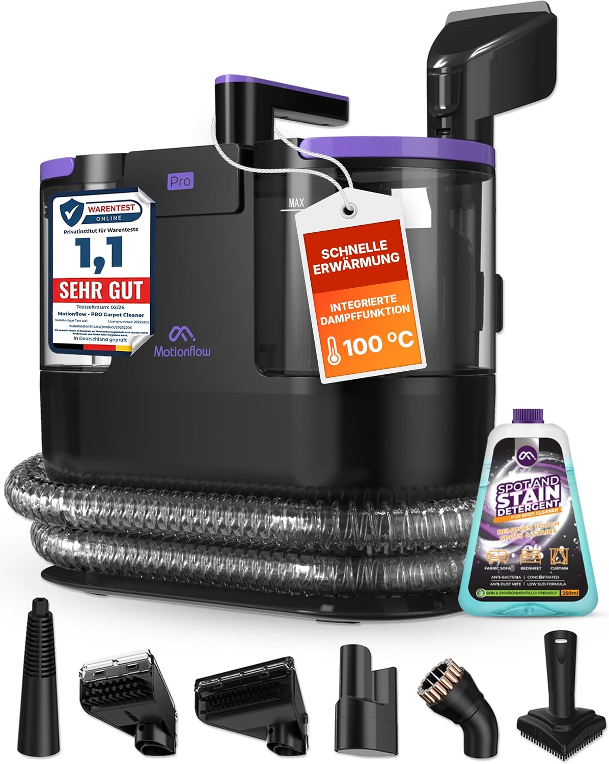 Motionflow PRO Teppichreiniger Waschsauger mit Dampffunktion, 1700W Polsterreiniger für Teppiche, Nasssauger mit Selbstreinigung und 100 °C Dampf
