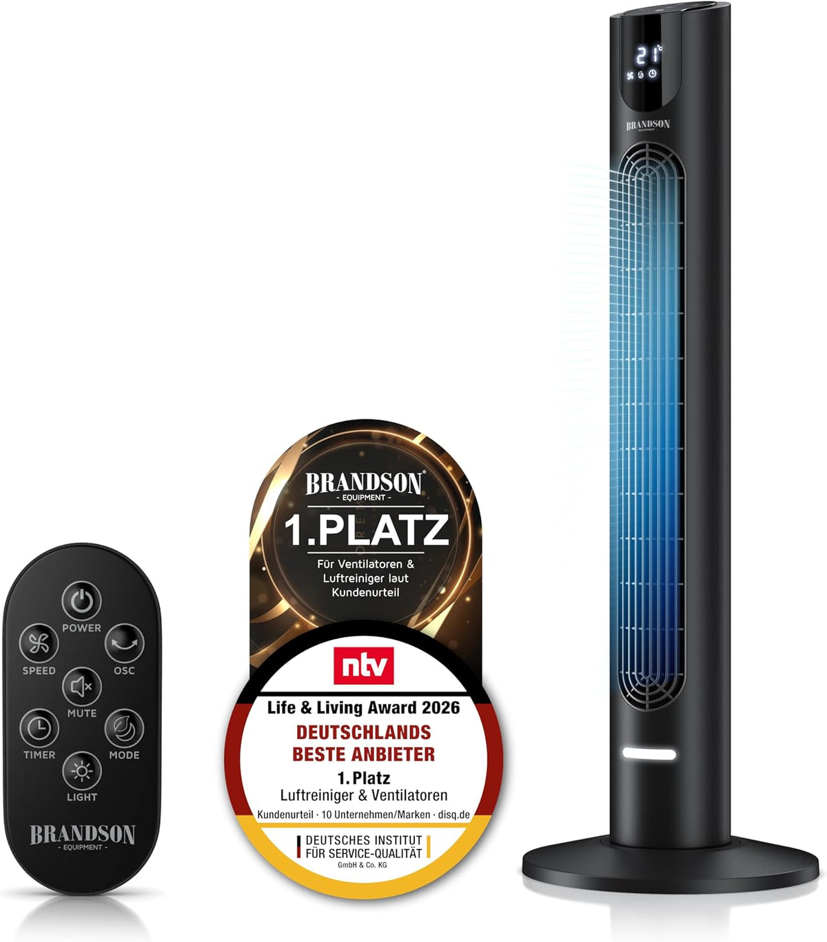 Brandson, DC Turmventilator, ECO DC Motor, sehr leise, Sieger Life & Living Award 2026-8 Geschwindigkeitsstufen, Sleep Modus, Osz, 4 Modi