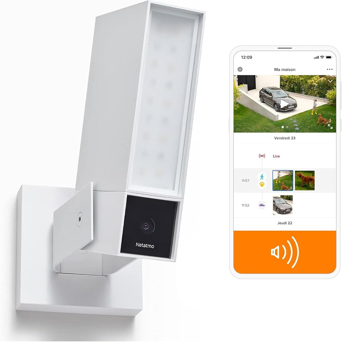Netatmo Intelligente Überwachungskamera für den Außenbereich, 105 dB, mit Sirene, WLAN, integrierte Beleuchtung, Bewegungserkennung, Nachtsicht, weiß
