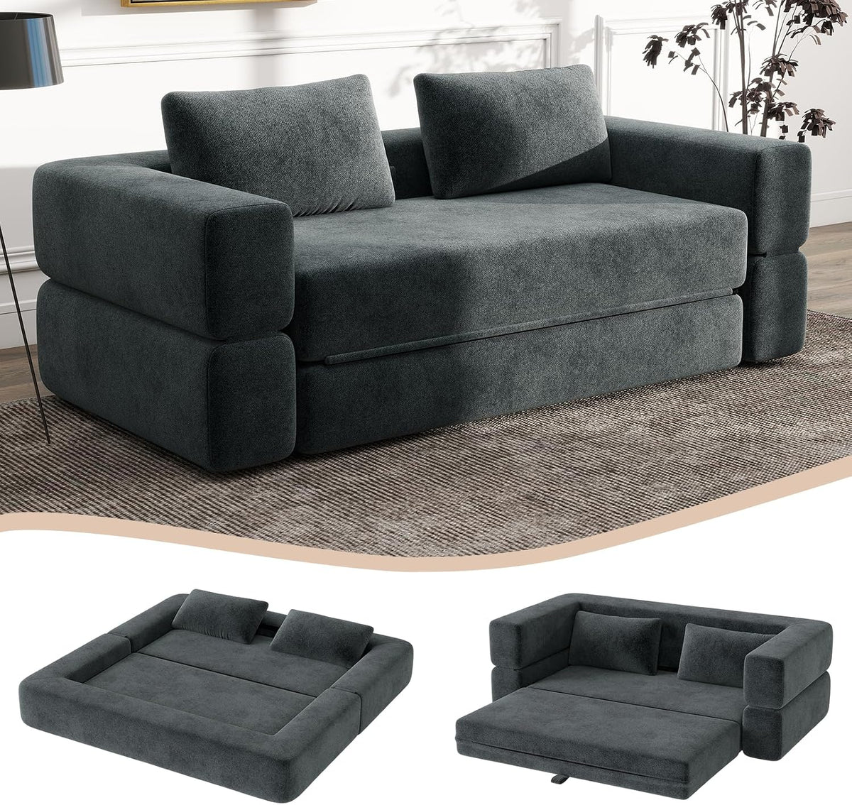 HAUSPROFI 3 in 1 Boneless Couch, Klappbares Sofa mit Schlaffunktion 2 Sitzer Chenille Schlafsesse für Schlafzimmer, Bodensofa Bed