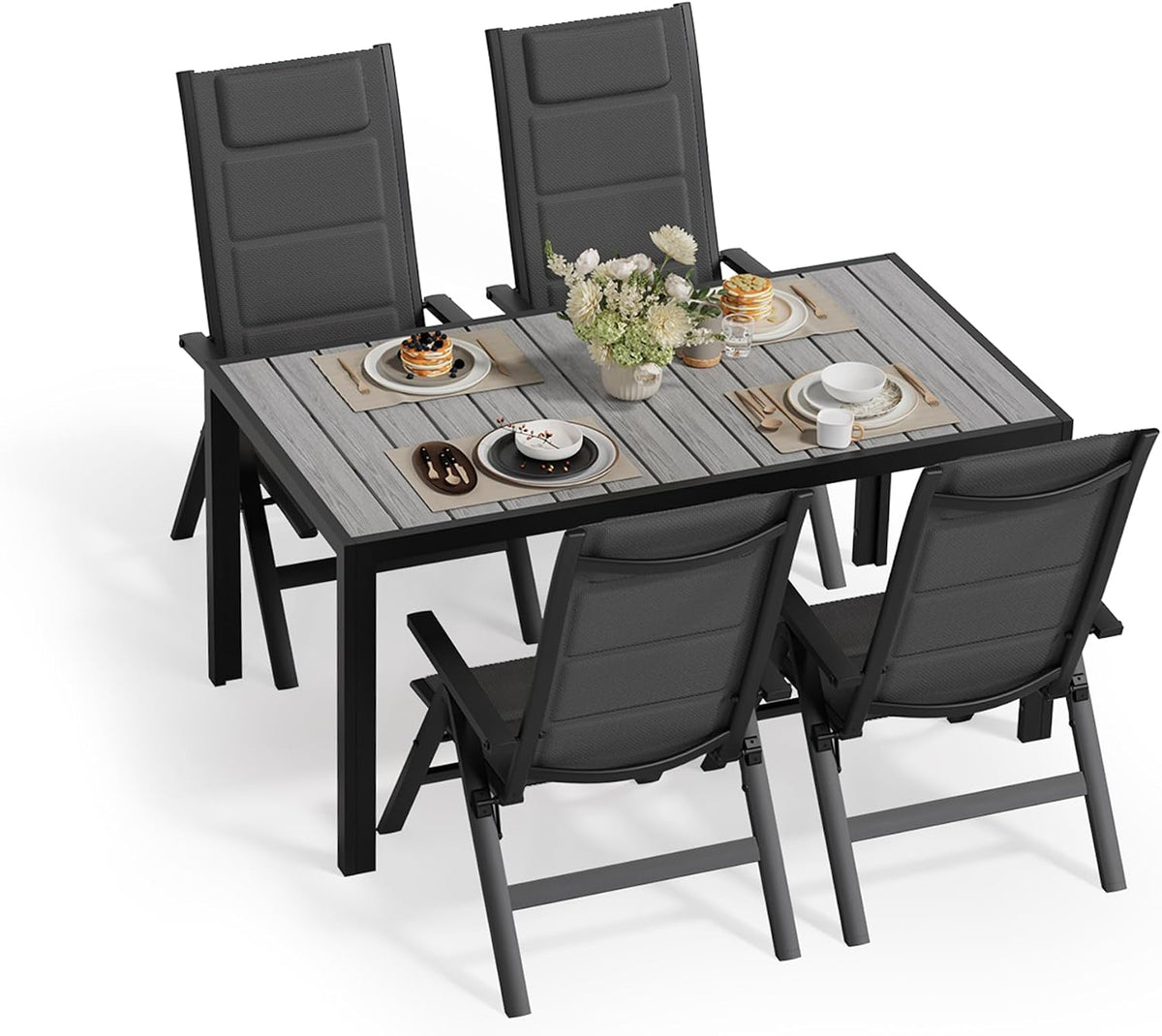JUMMICO Gartenmöbel Set, 5-Fach Verstellbarer Aluminium Sessel und Einer Tischplatte in Holzoptik, 4 stühle Klappbar mit 1 Tisch