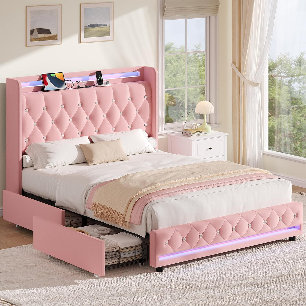 FOREHILL Polsterbett 140x200 cm Bett mit LED, Ladestation und 4 Schubladen